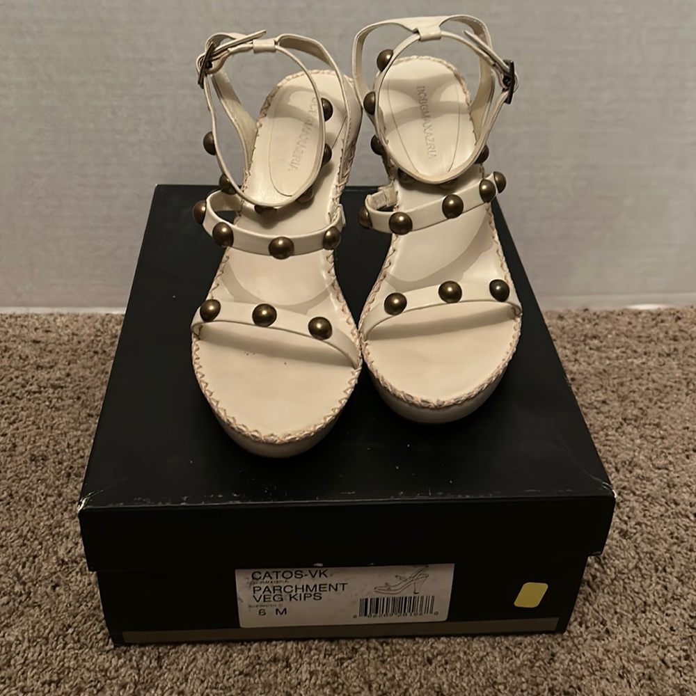 BCBG Max Azrio parchment colored leather sandals with metal accents
